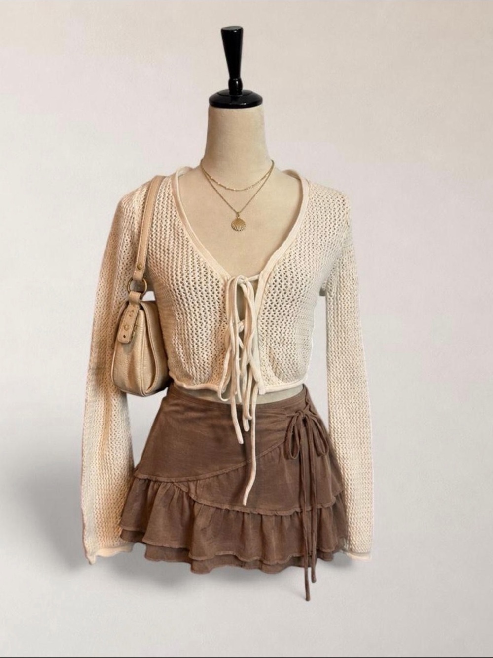 Cotton On Cream Open Knit Tie Front Cropped Cardigan Size S